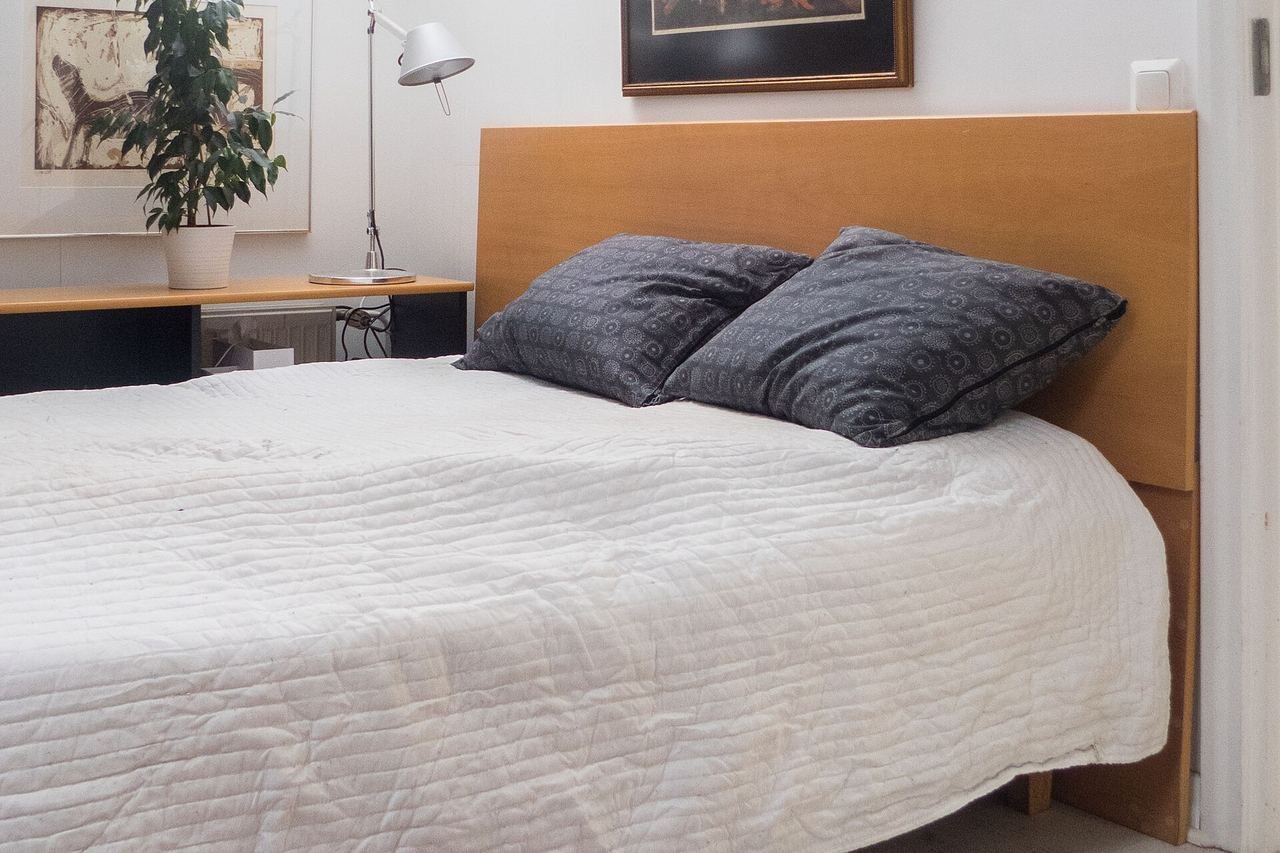 Chambre claire : lit à tête de lit en bois, coussins, lampe d'appoint et tableau au-dessus du couchage.